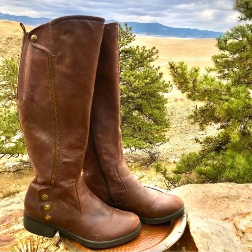 For ShannonH  BARETRAPS | Riding-Style Zip-Calf Boot Brwn Brass/Gold Accent 8.5M